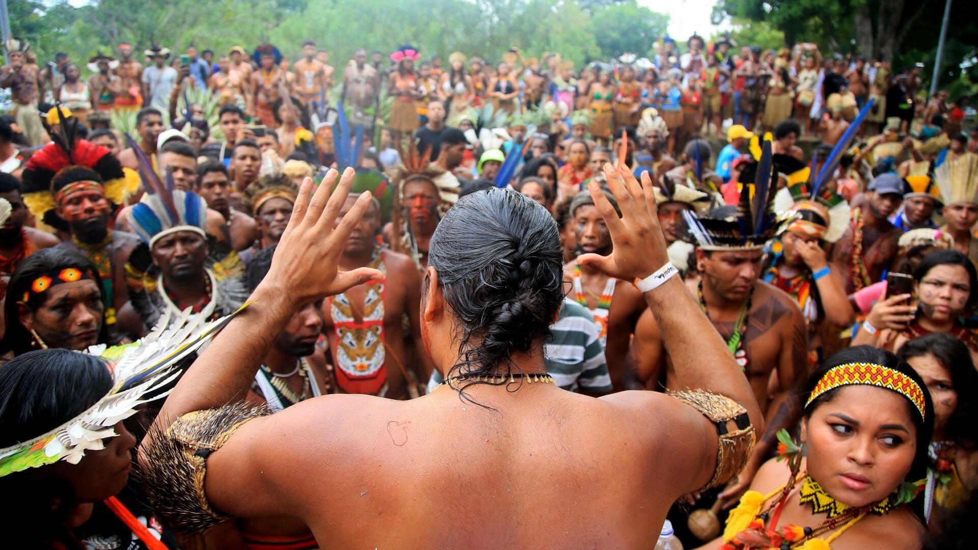 Brazilian indigenous tribes at a protest. 