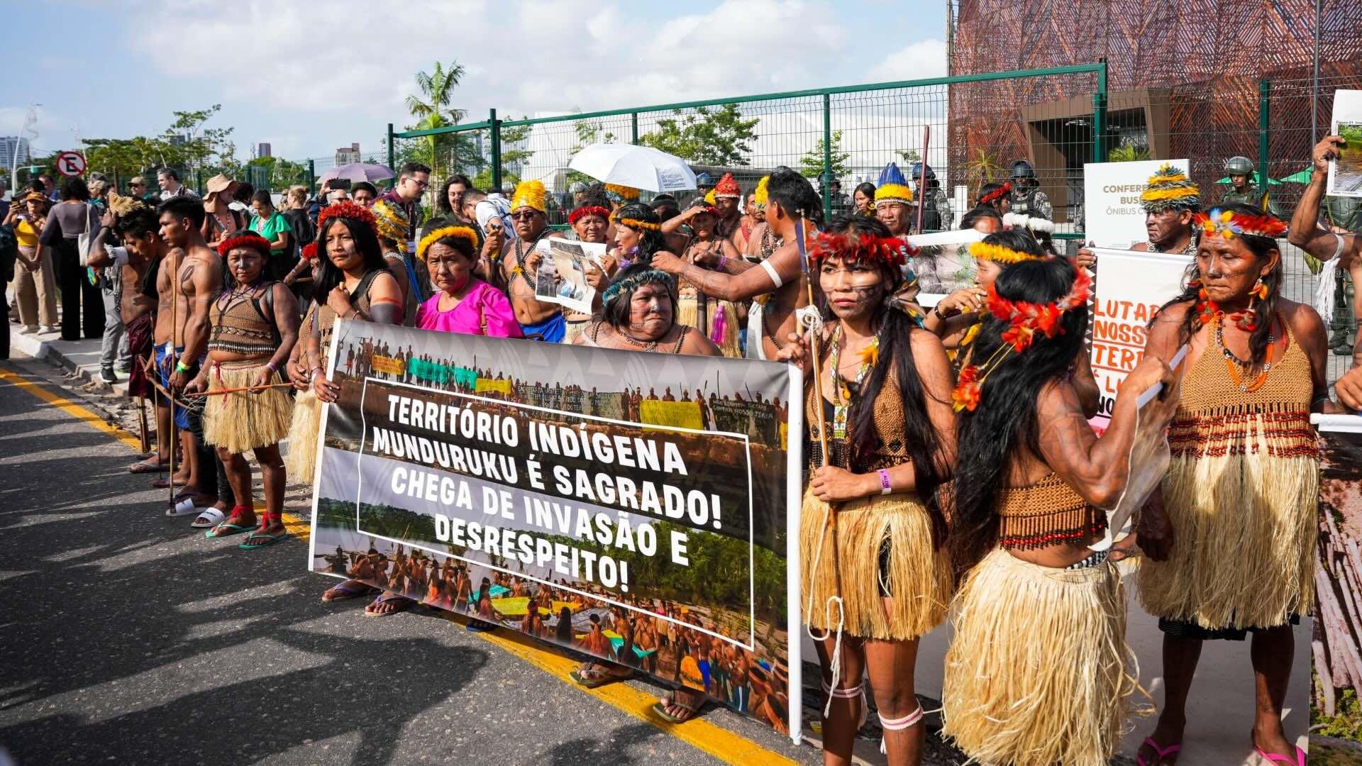 Indigenous people of the Munduruku ethnic group held a peaceful protest in front of the main entrance of COP30