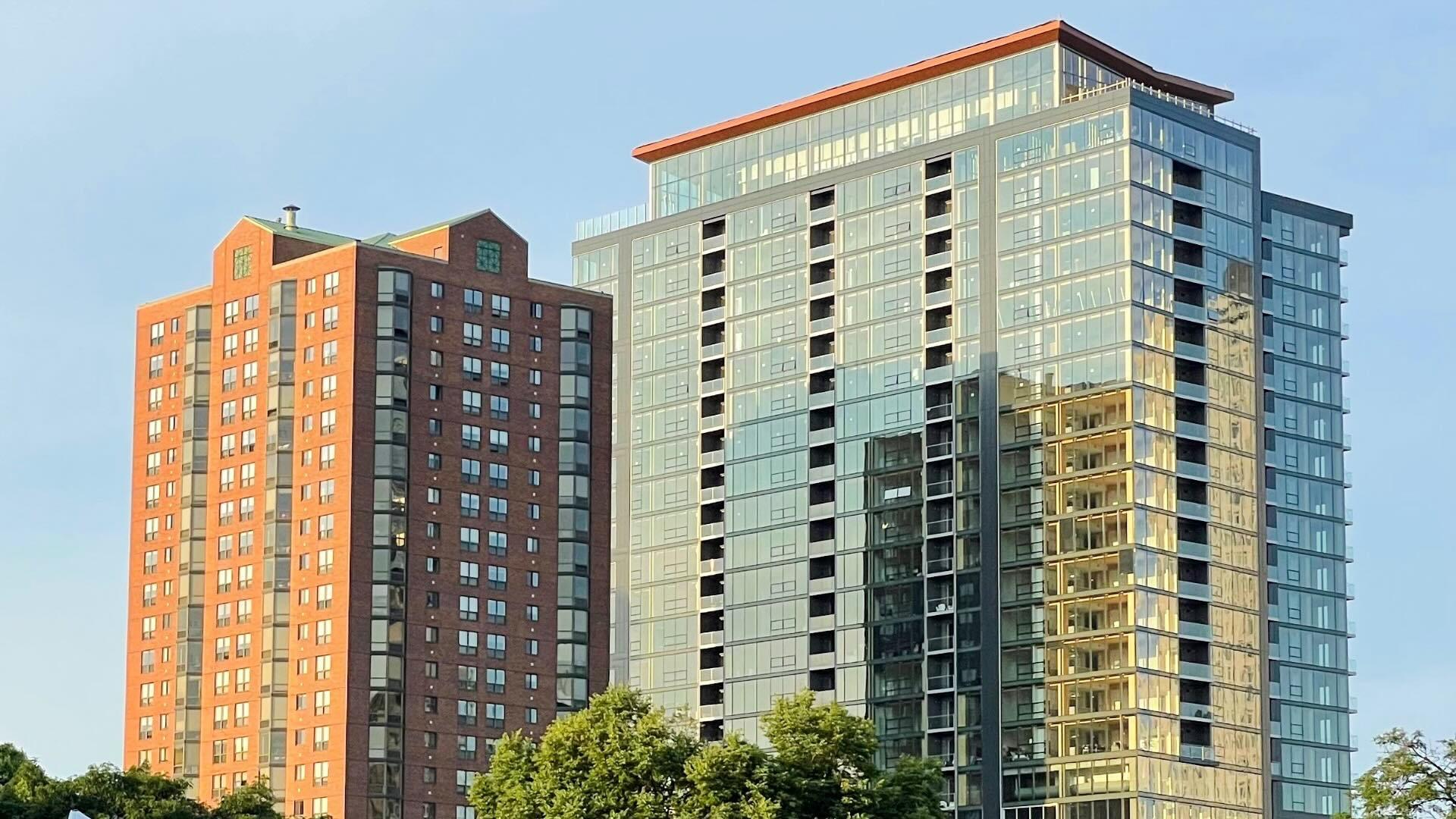 A picture of the mass-timber tower Ascent MKE after its completion in 2022.